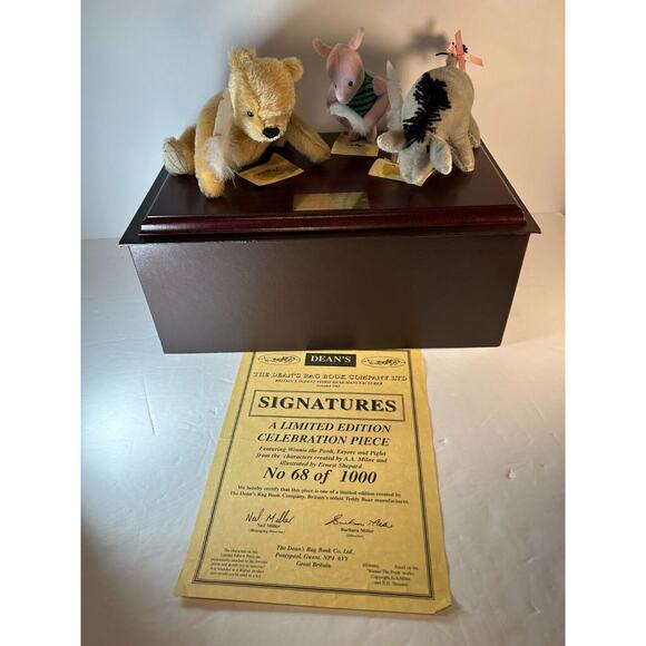 Dean’s Rag Book Pooh Piglet Eeyore Mohair Felt Set Ltd Ed 68/1000 w/ Wood Base